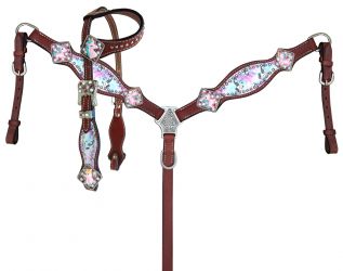 Showman PONY SIZE Tie Dye Unicorn printed headstall and breast collar set with raised unicorn conchos